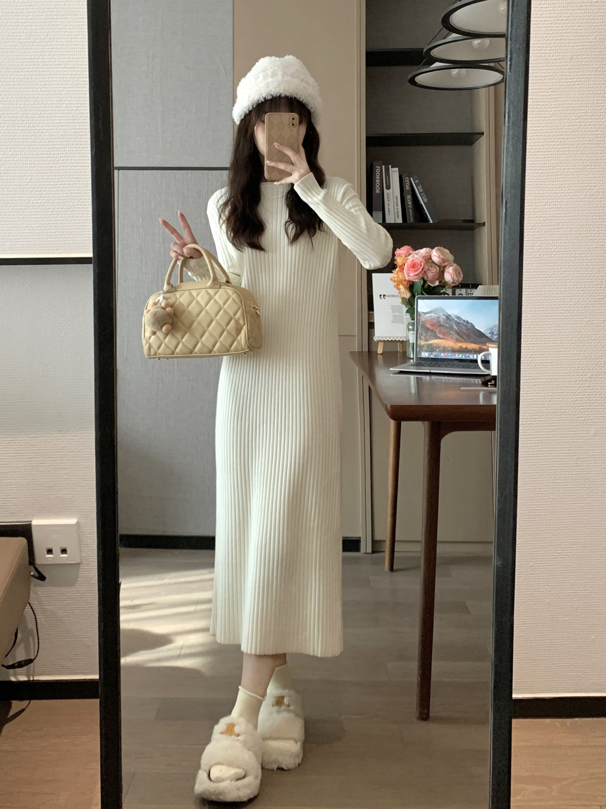 Cream White Loose Waist-Defining Knitted Long Inner Dress - Spring Style, Thick Fabric for a Flattering Silhouette