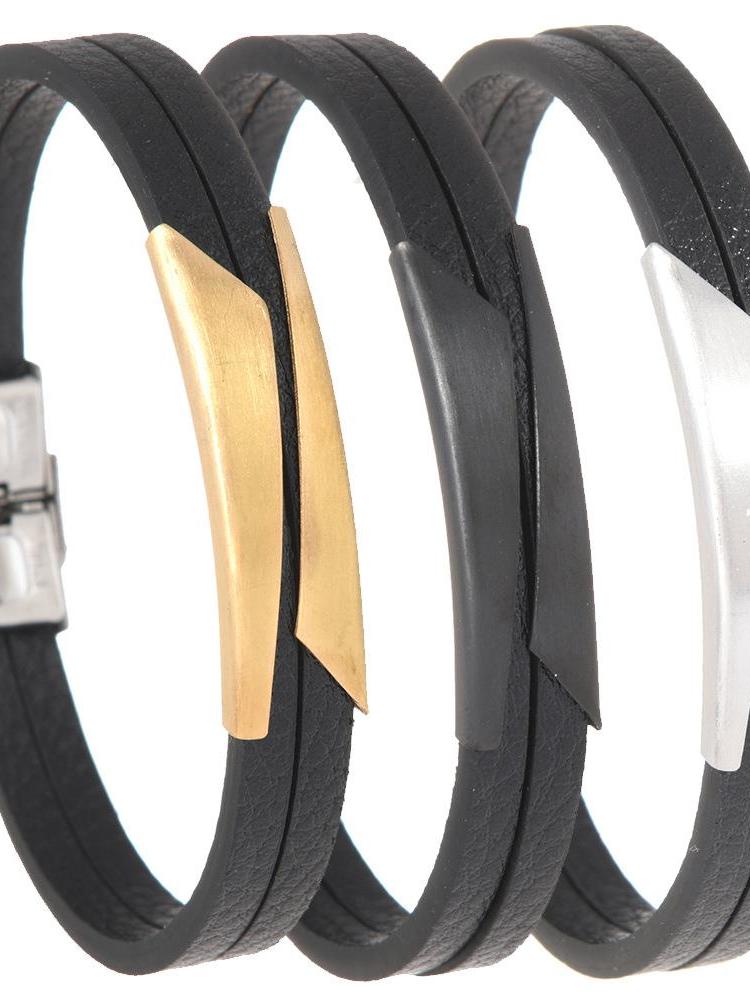 Creative Stainless Steel & Leather Men's Bracelet - Versatile Cross-border Fashion Accessory, Simple & Stylish Design