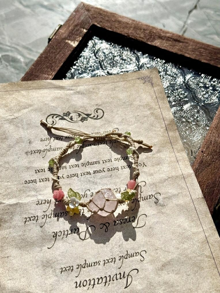 Crystal Pink Yellow Macrame Bracelet - Boho Chic Jewelry, Handmade Style, Unique Gift for Her