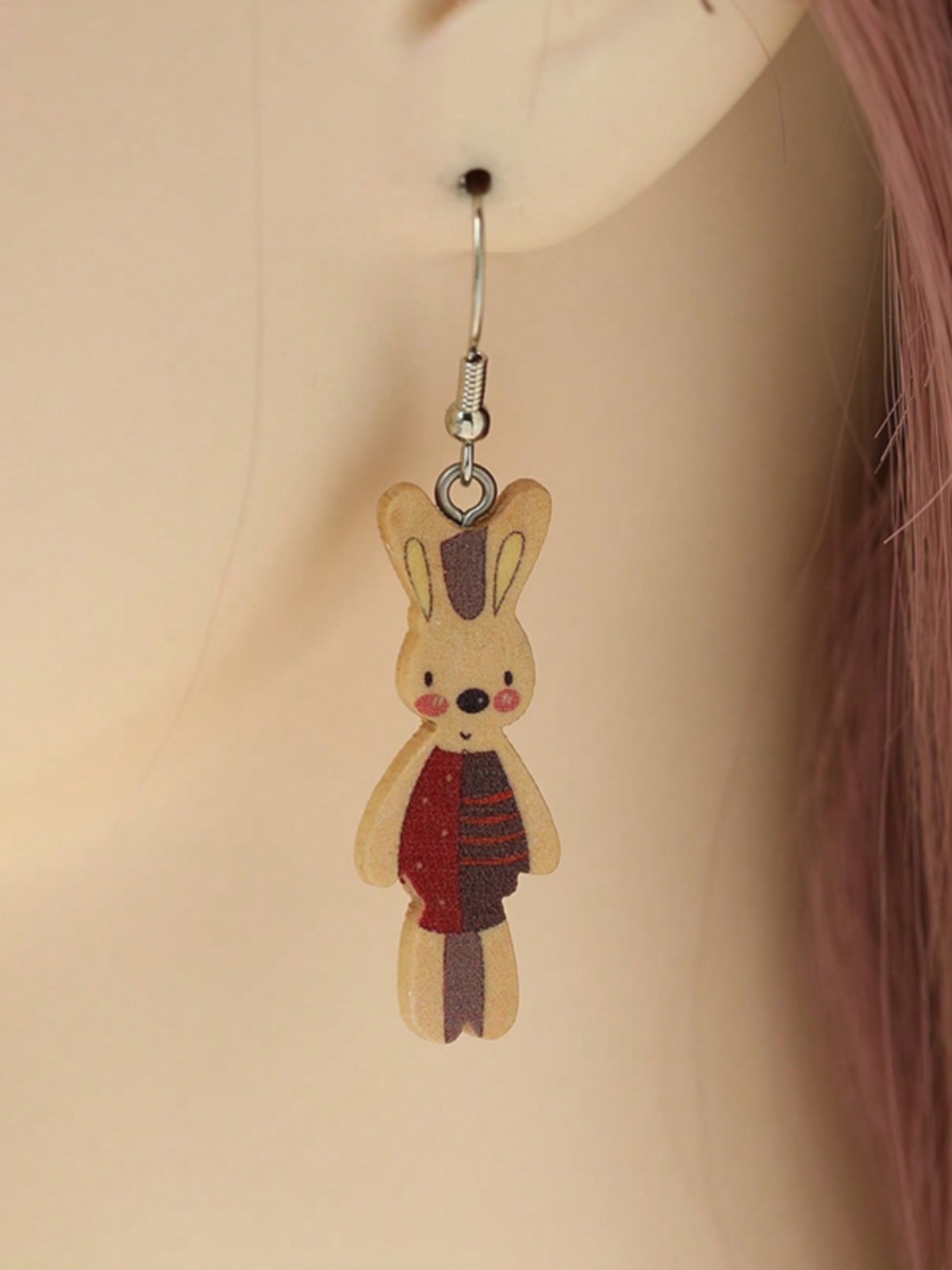Cute Bunny Ear Drop Earrings - Solid Wood Printed Jewelry for Students & Friends, Versatile Easter Accessories, Youthful and Fun