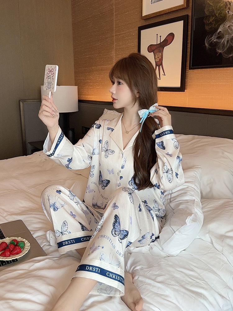 Cute Butterfly Print Long Sleeve Pajama Set for Girls - Ice Silk Homewear for Spring & Autumn - Comfortable Wearable Fashion