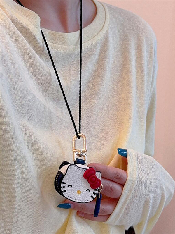 Cute Cartoon KT Cat Pendant Long Necklace for Sweet Girls - Versatile Neck Bag and Keychain Decoration Accessory