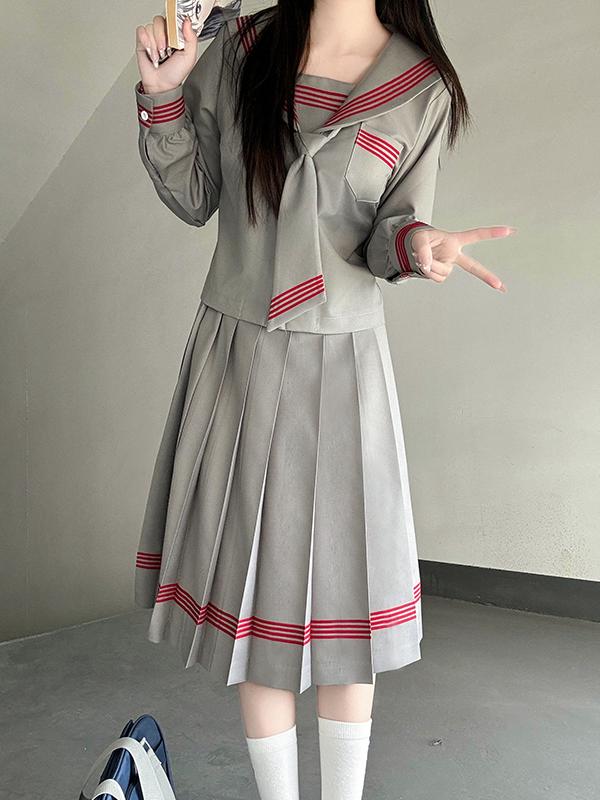 Dark Blue Three-Piece Japanese Style JK Uniform Set for Women | Long Sleeve Pudding Bear Design | Spring Fashion 2025