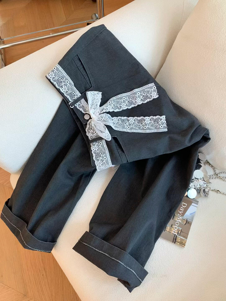 Dark Gray Vintage Lace Trim Casual Pants for Women, Petite Loose Versatile Straight-Leg Trousers, Spring 2025 Fashion
