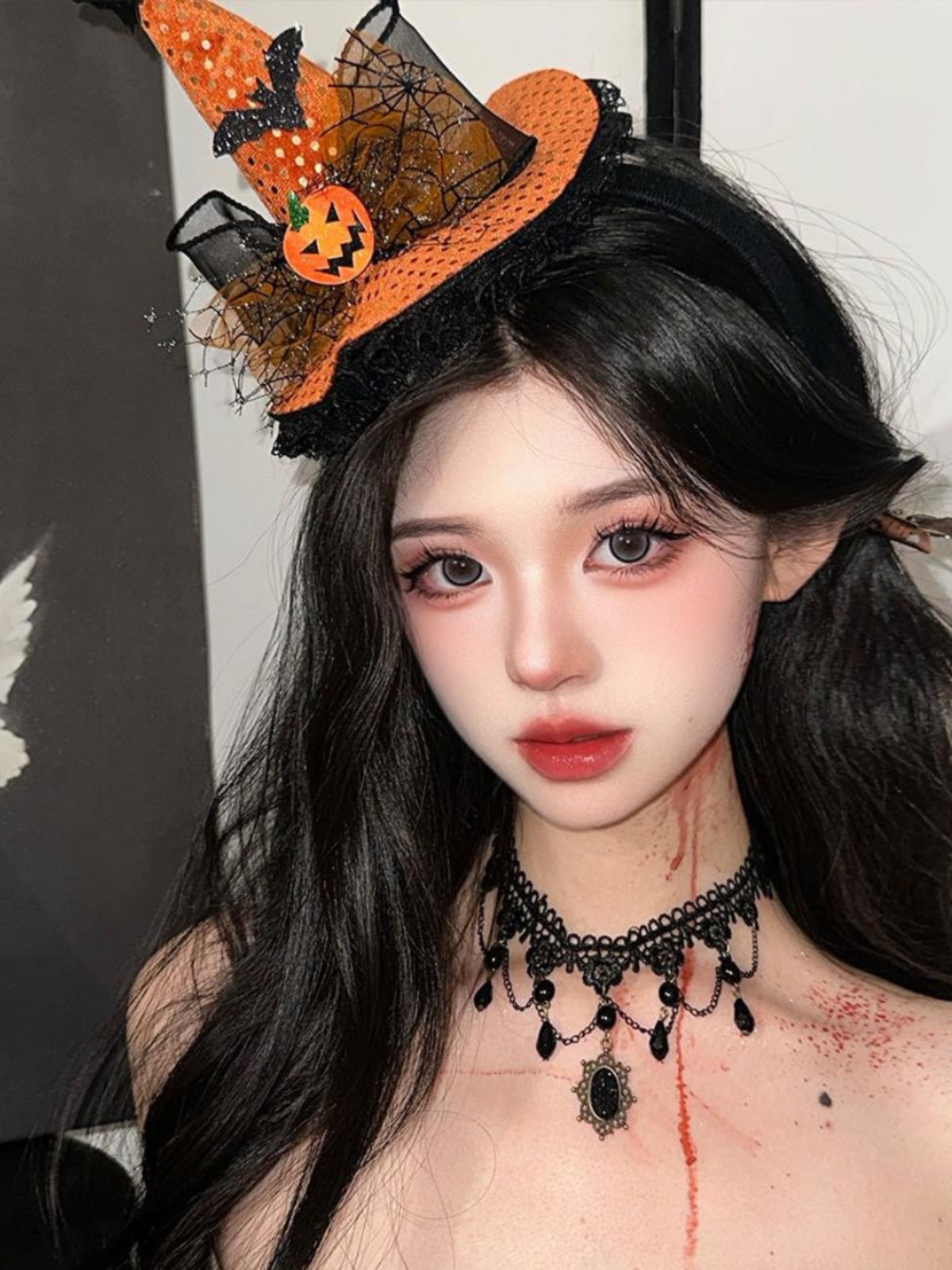 Dark Lolita Witch Hat Headband with Pumpkin and Ghost Accents - Halloween Hairpin Accessory for Spooky Style