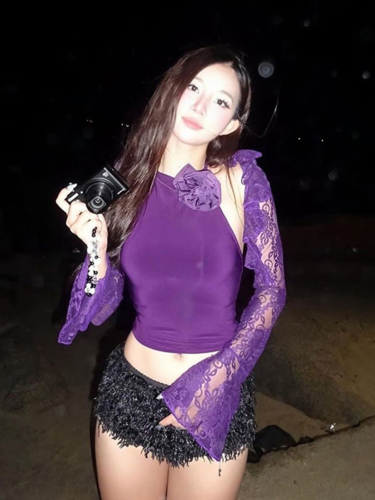 Dark Night Violet 3D Flower Neckline Sleeveless Vest and Lace Long Sleeve Shawl Two-Piece Set for Women - Y2K Style Fashion