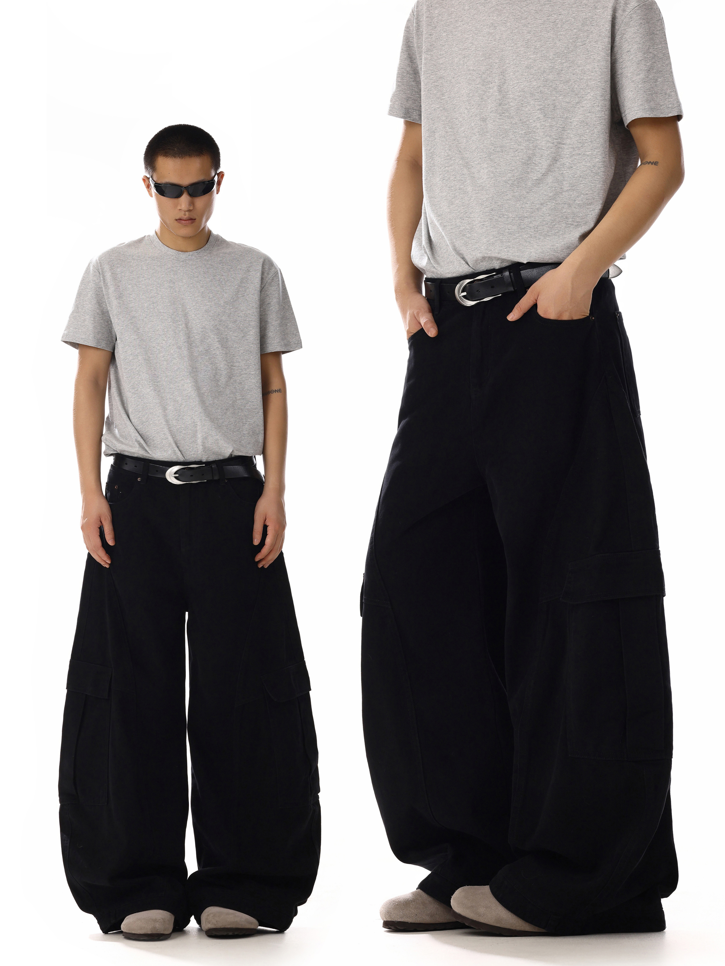 Deconstructed Black Wide-Leg Curved Knife Jeans for Men and Women - Casual Loose Fit American Retro Style Work Pants