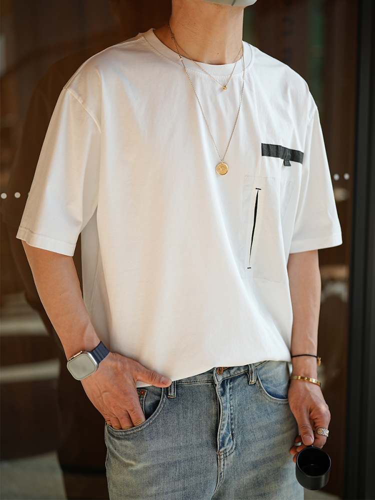 Deconstructed Color-Block Short Sleeve T-Shirt for Men - Trendy Summer National Style with Hidden Pocket