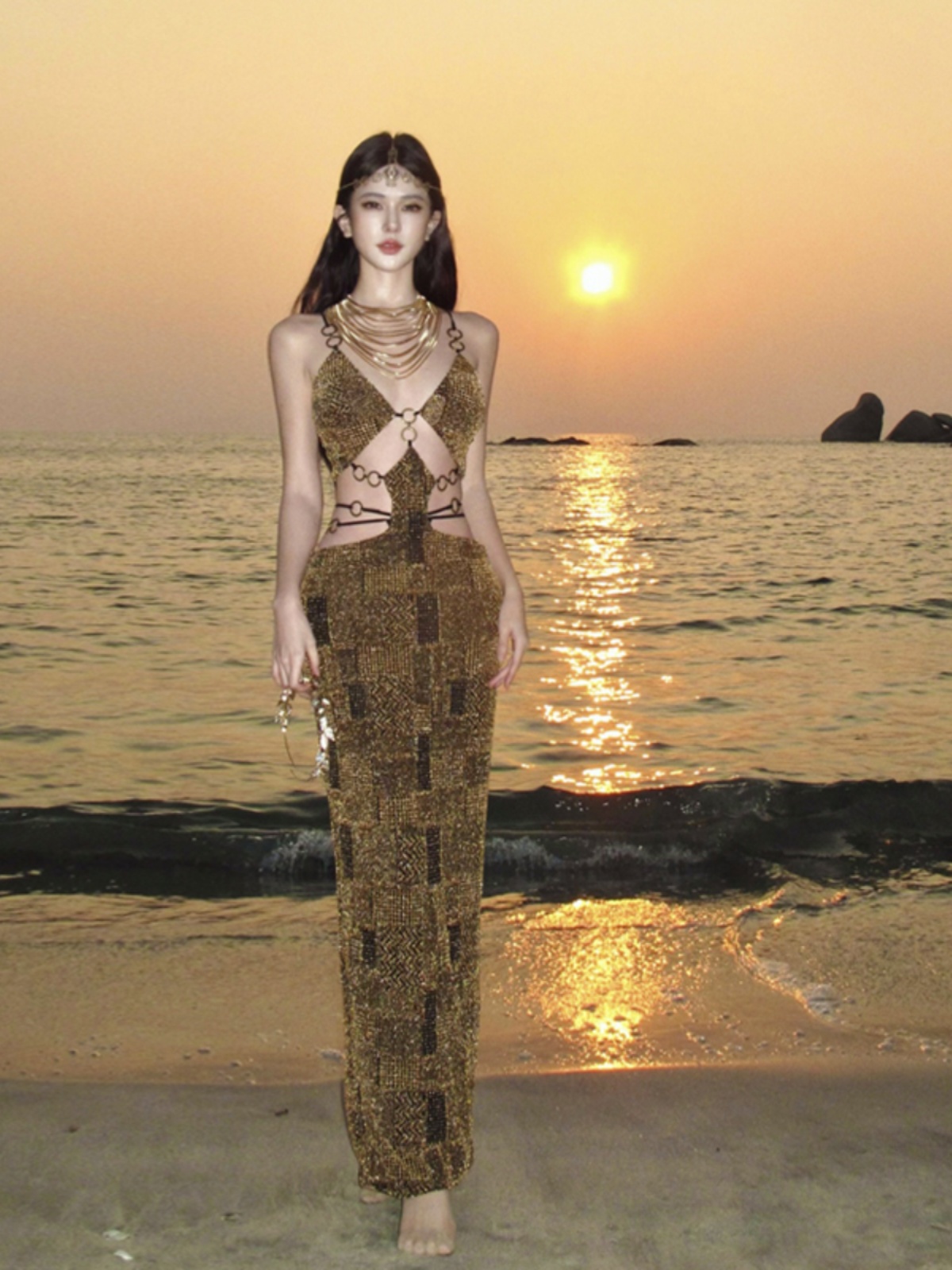 Deep V Spaghetti Strap Beach Dress - Hot American-Style Figure-Hugging Long Dress for Spicy Girls - Perfect for Sanya Seaside Vacation