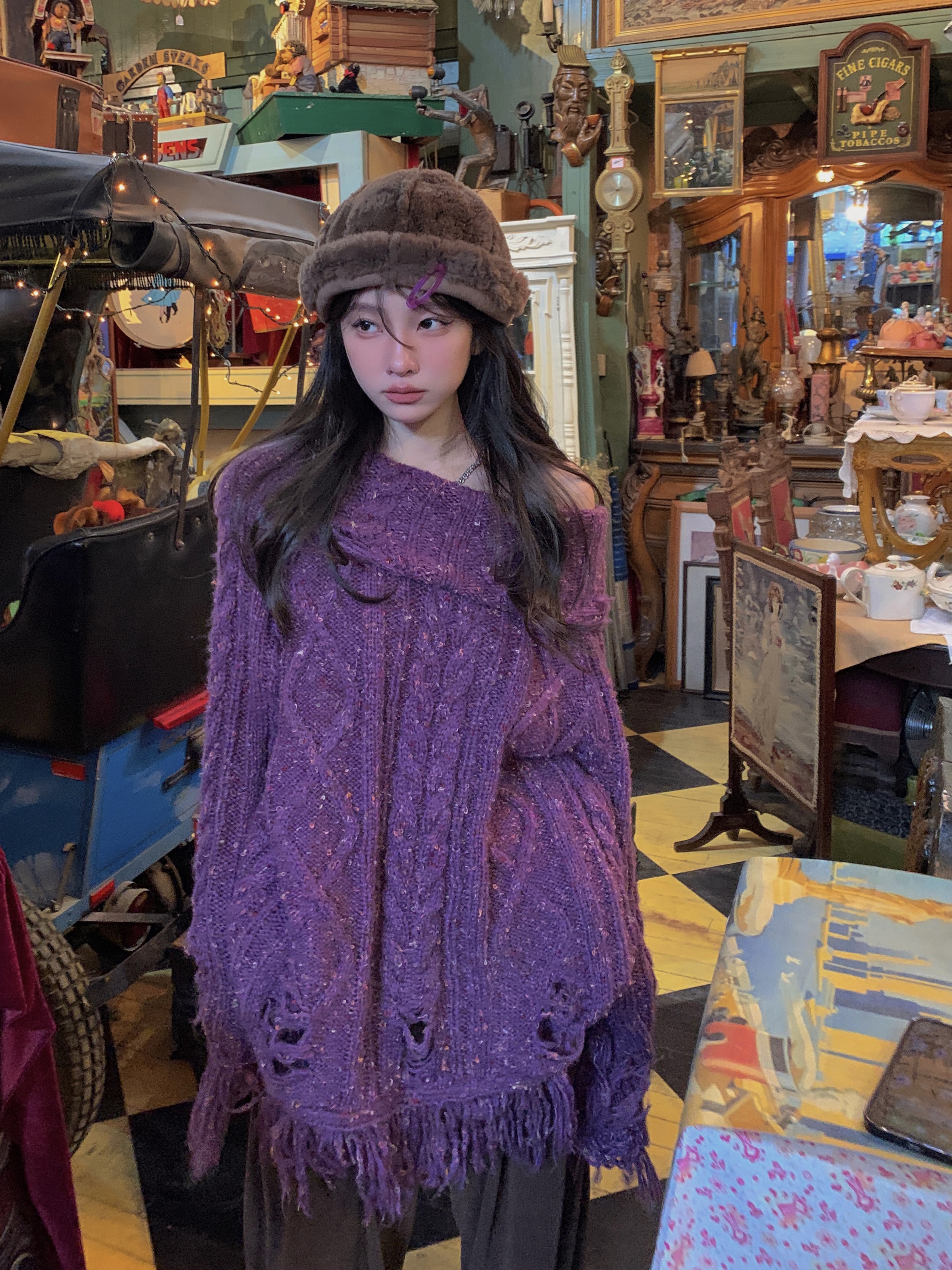 Desire Purple Ripped Shoulder Knit Sweater for Women - Retro Lazy Style Top with Killer Design