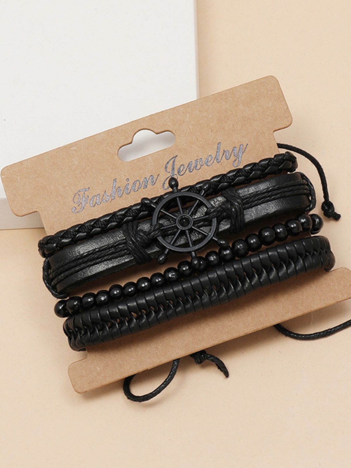DIY Handmade Woven Black Leather Bracelet Set - Vintage Four-Piece Steering Wheel Accessories for European and American Style