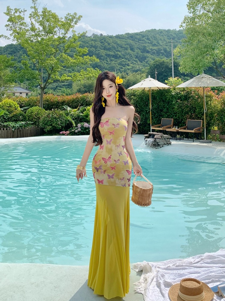 Dopamine Yellow One-Shoulder Bodycon Mermaid Dress for Women - Summer Waist-Cinching Slimming Beach Vacation Style