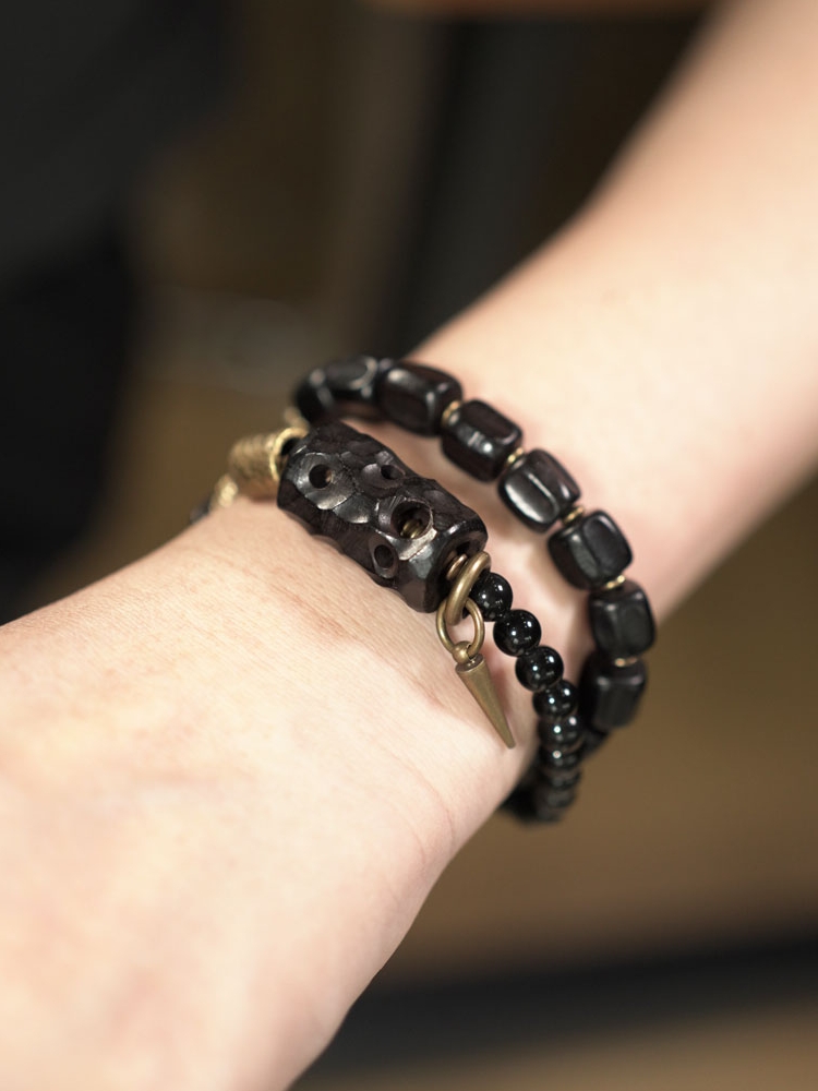 Double-Layer Mixed Design Bracelet for Men and Women - Sandalwood & Black Stone, Unique Personality Jewelry