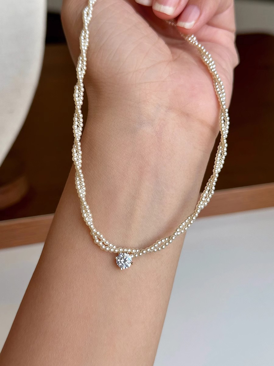 Double Layer Wrapped Zircon Pearl Necklace for Women - Light Luxury Clavicle Jewelry, Chic Commuter Style, Elegant Accessory