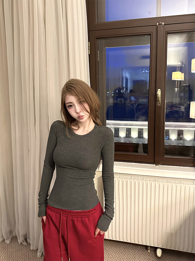 Double-Sided Brushed Ribbed Round Neck Long Sleeve Base T-shirt - Women's Knit Top for 90s and Y2K Style