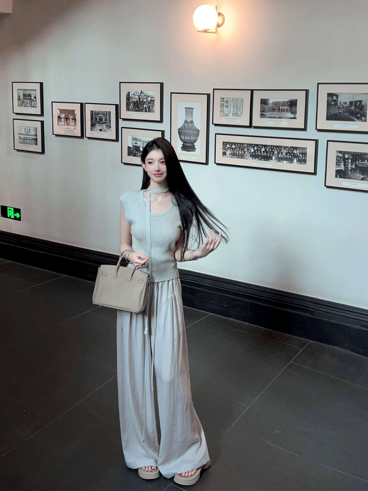 Draped Gray High-Waisted Wide-Leg Pants for Women - Casual Loose Fit with Drawstring - Summer Fashion Essential