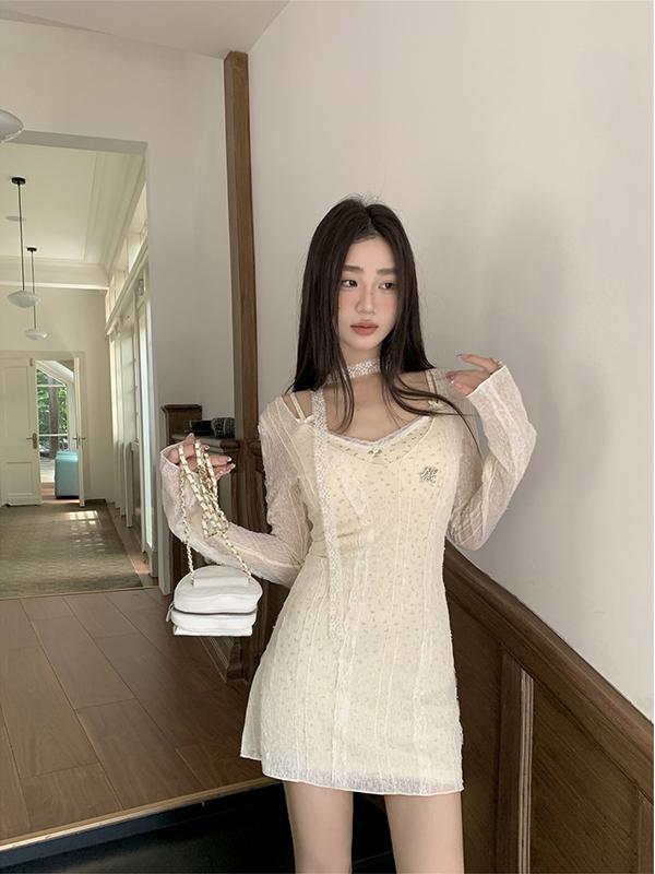 Eccentric Floral Spaghetti Strap Dress with Lace Tassel Cover-Up and Long Sleeve Top Set - Sweet Spicy Girl Style