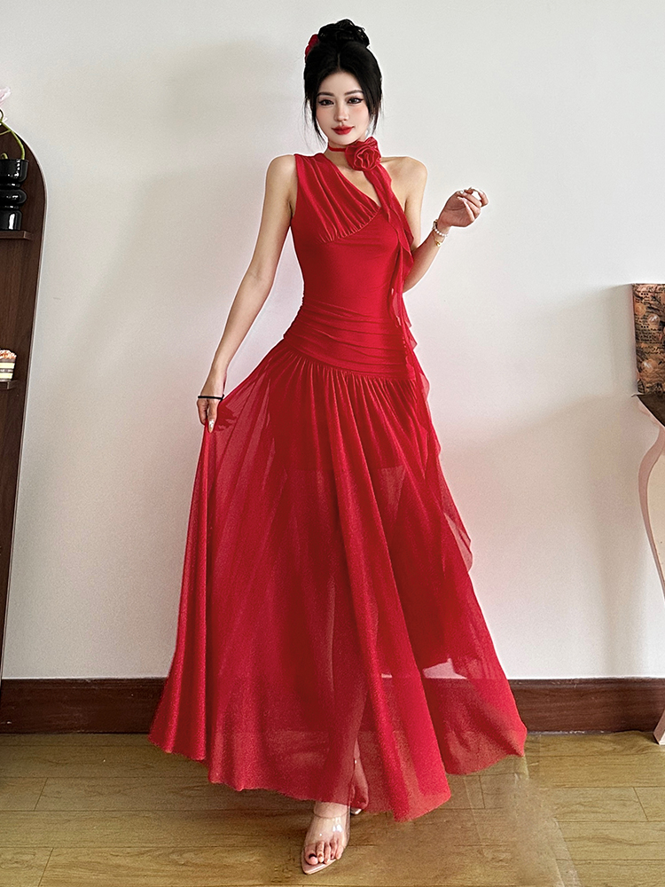 Eccentric Girl Greek Goddess Red Draped One-Shoulder Maxi Dress - Women's Flared Pleated Vacation Dress for Y2K Style