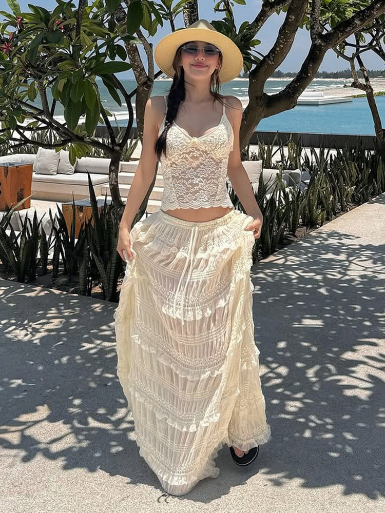 Eccentric Girl Lace Camisole and Low-Waist Skirt Two-Piece Set for South France Holiday, Vacation Style, Boho Chic Fashion
