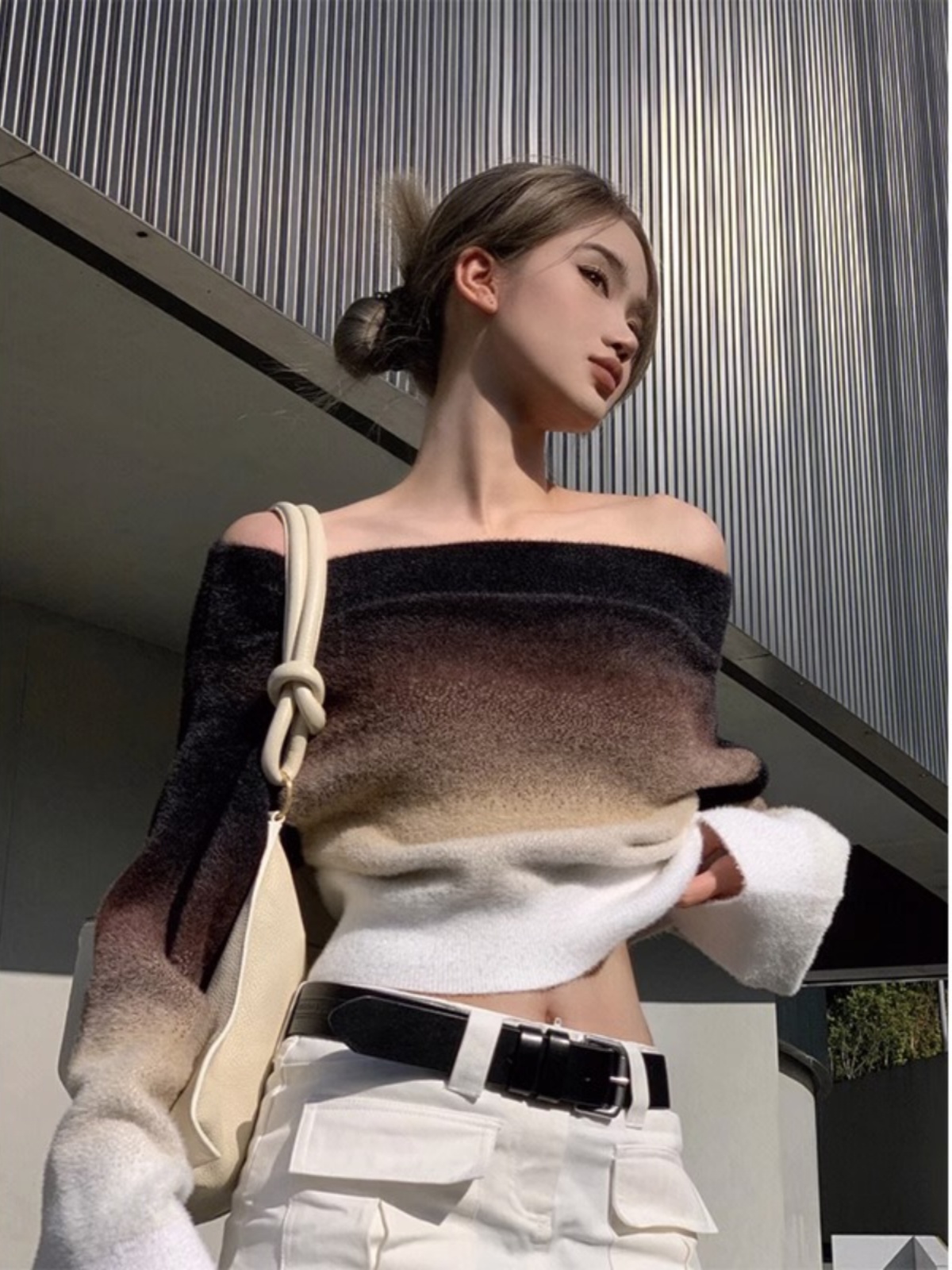 Eccentric Gradient One-Shoulder Sweater for Women - Autumn Off-Shoulder Long Sleeve Knit Top in Casual Style