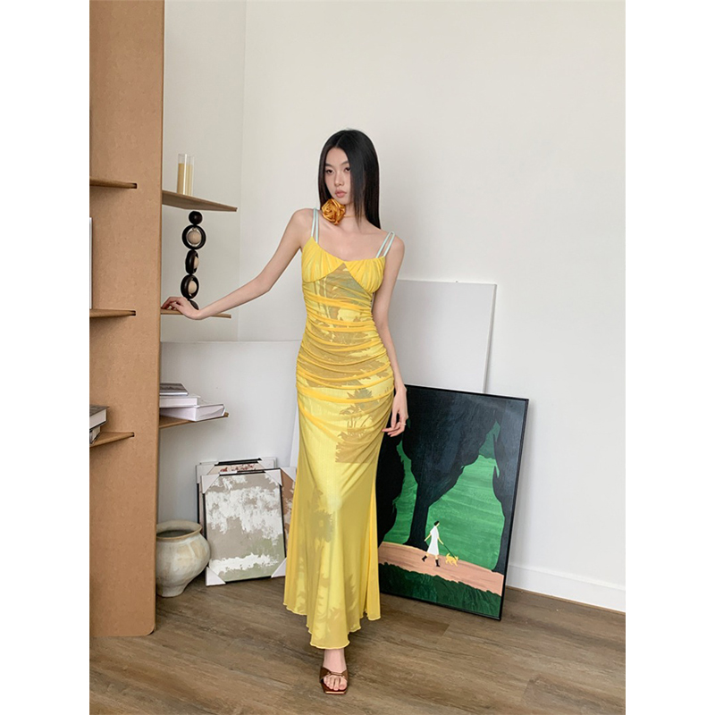 Eccentric Mesh Off-Shoulder Printed Spaghetti Strap Bodycon Dress - Summer Slim Fit Long Dress for a Sexy Look