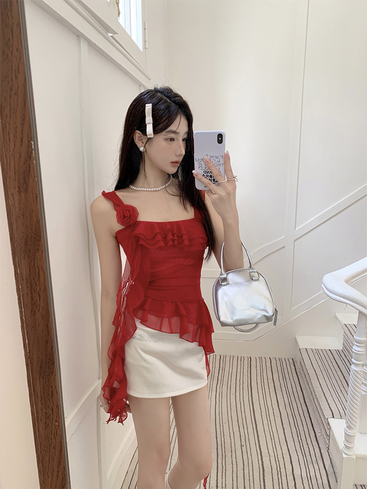 Eccentric Off-Shoulder Floral Mesh Camisole Top & Slim-Fit Bodycon Skirt Set for Women - Y2K Style