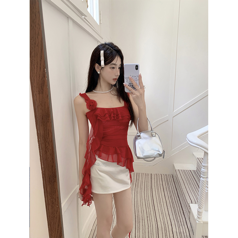 Eccentric Off-Shoulder Floral Mesh Camisole Top & Slim-Fit Bodycon Skirt Set for Women - Y2K Style