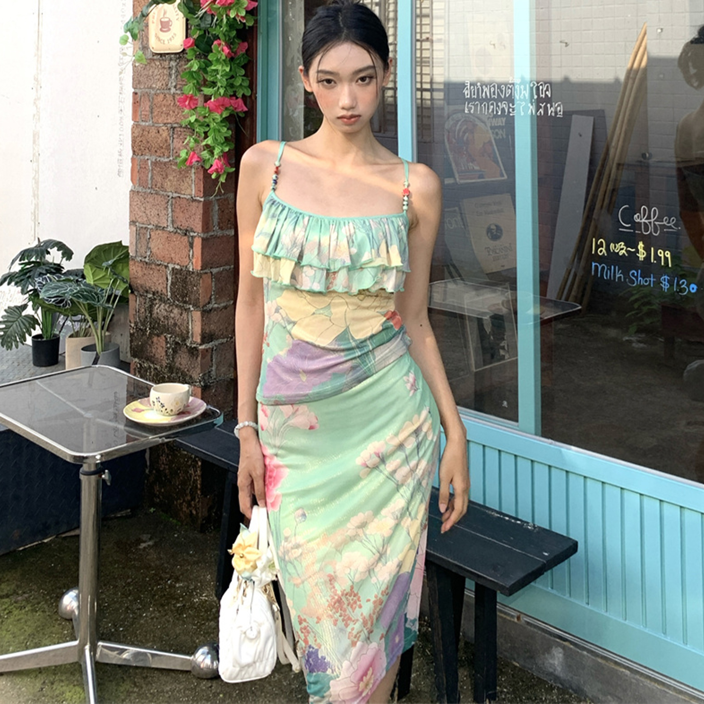 Eccentric Off-Shoulder Ruffled Camisole and Slim-Fit Bodycon Skirt Set for Women - Trendy Printed Outfit for Night Out