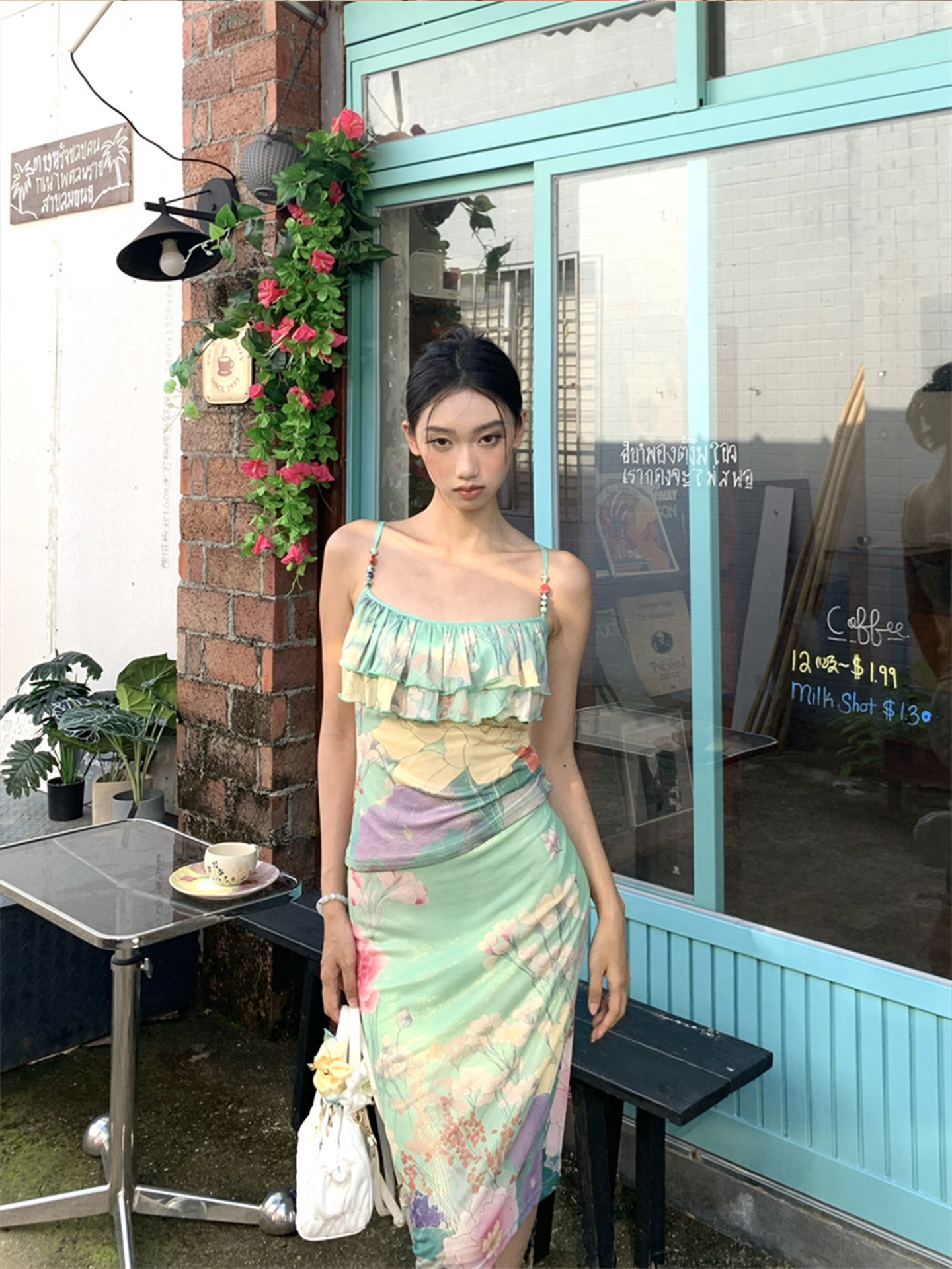 Eccentric Off-Shoulder Ruffled Camisole and Slim-Fit Bodycon Skirt Set for Women - Trendy Printed Outfit for Night Out