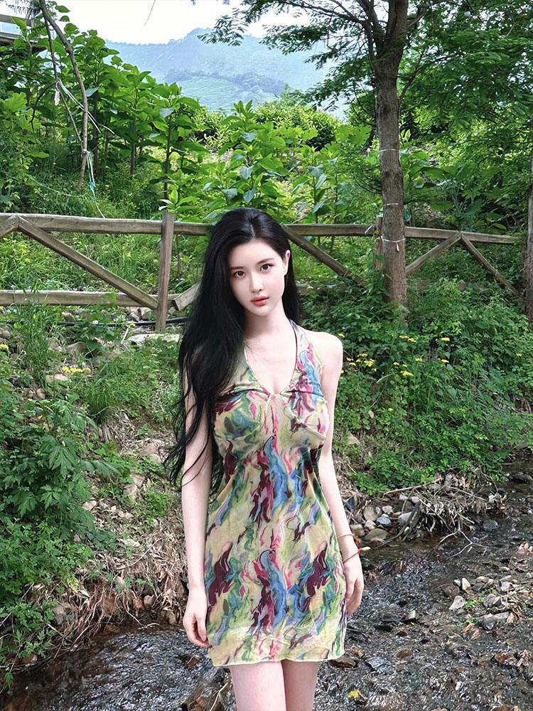 Eccentric Spicy Girl Seaside Vacation Printed Hollow-Out Spaghetti Strap Slim A-Line Bodycon Dress