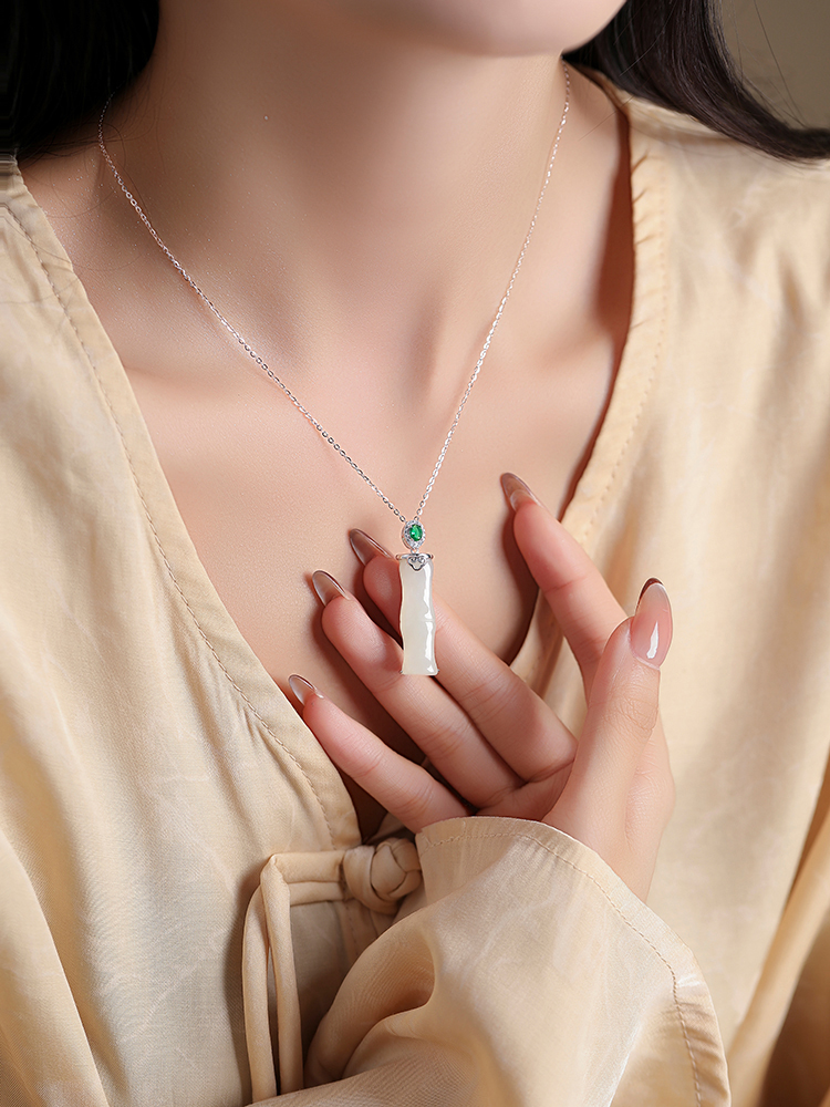 Elegant Bamboo Joint Hetian Jade & Pure Silver Necklace for Women, Blue and White Porcelain Design, Clavicle Chain, Classy Jewelry