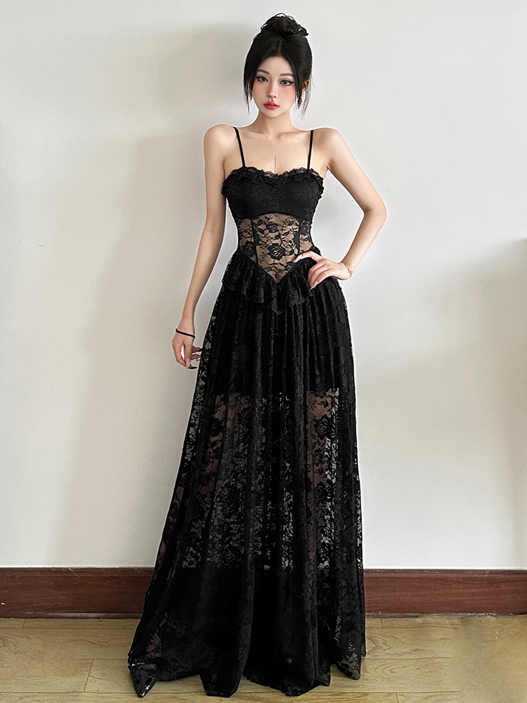 Elegant Black Swan Lace Jacquard Slip Dress for Women - Sexy Long Dress with Slimming Waist, Perfect for 90s and Y2K Style Fashion