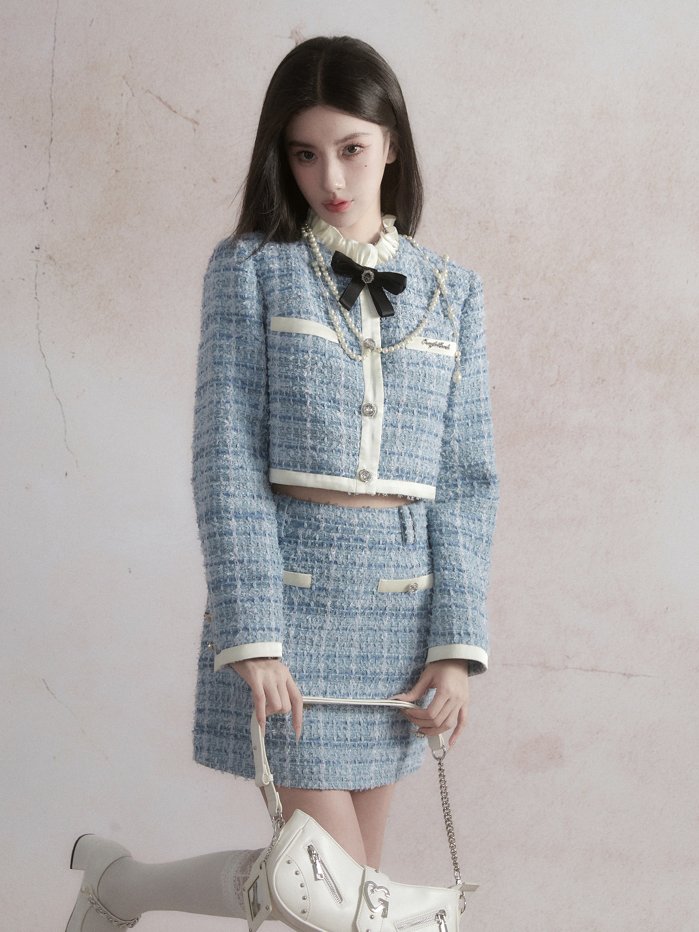 Elegant Blue Little Chanel Style Skirt Set with Satin and Boucle Coat - Classic Aristocrat Fashion for a Chic Look