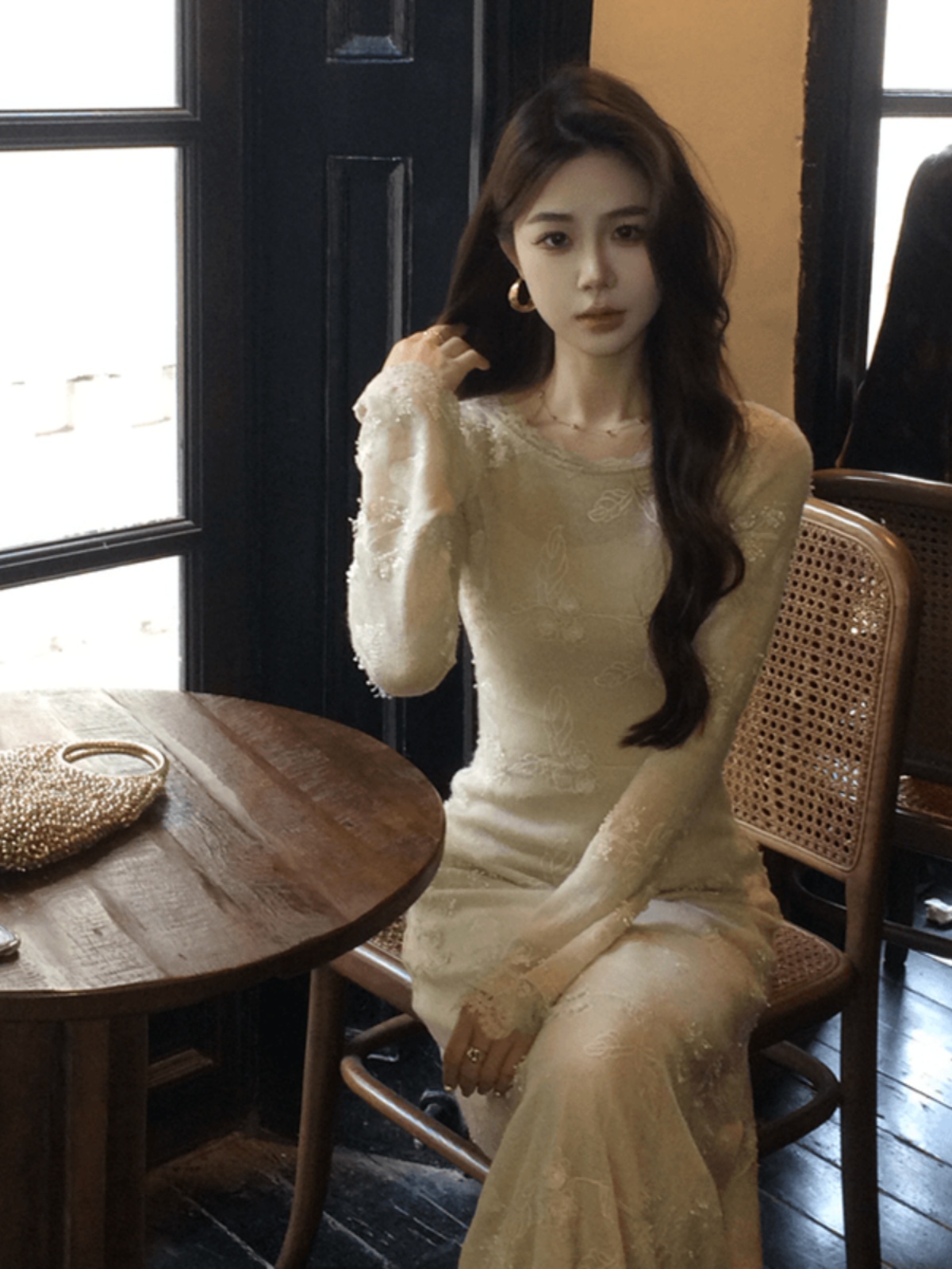 Elegant French-Style Jacquard Lace Long Sleeve Dress with Slip for Women - Perfect Early Spring Outfit