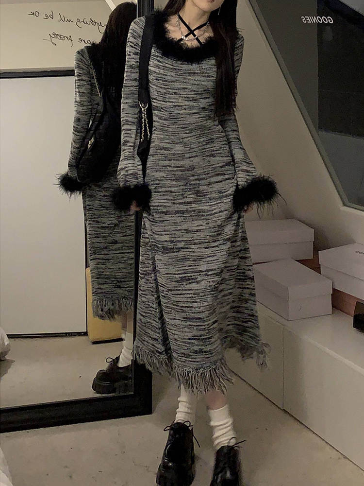 Elegant Fringed Striped Long Sleeve Dress for Women - Waist-Cinching Knitted Sweater Dress for Autumn and Winter Fashion