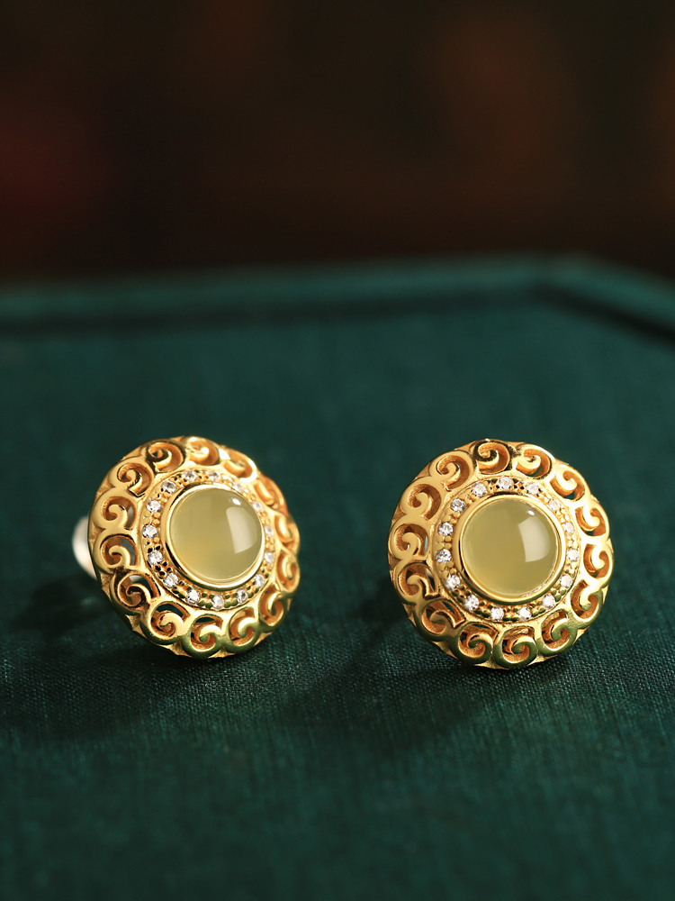 Elegant Hetian Jade and Silver Flower Wire Earrings with 18K Gold Peace Buckle - High-End Light Luxury Jewelry for Women
