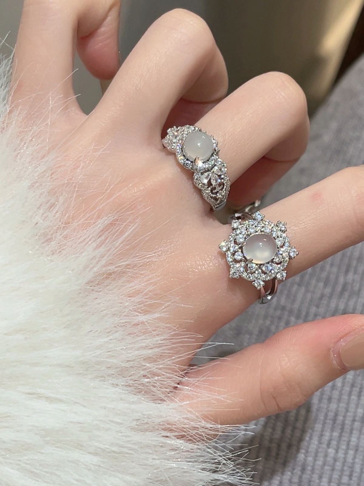 Elegant Imitation White Jade Agate Zircon Ring for Women, Pure Silver, High-Quality Light Luxury Index Finger Jewelry