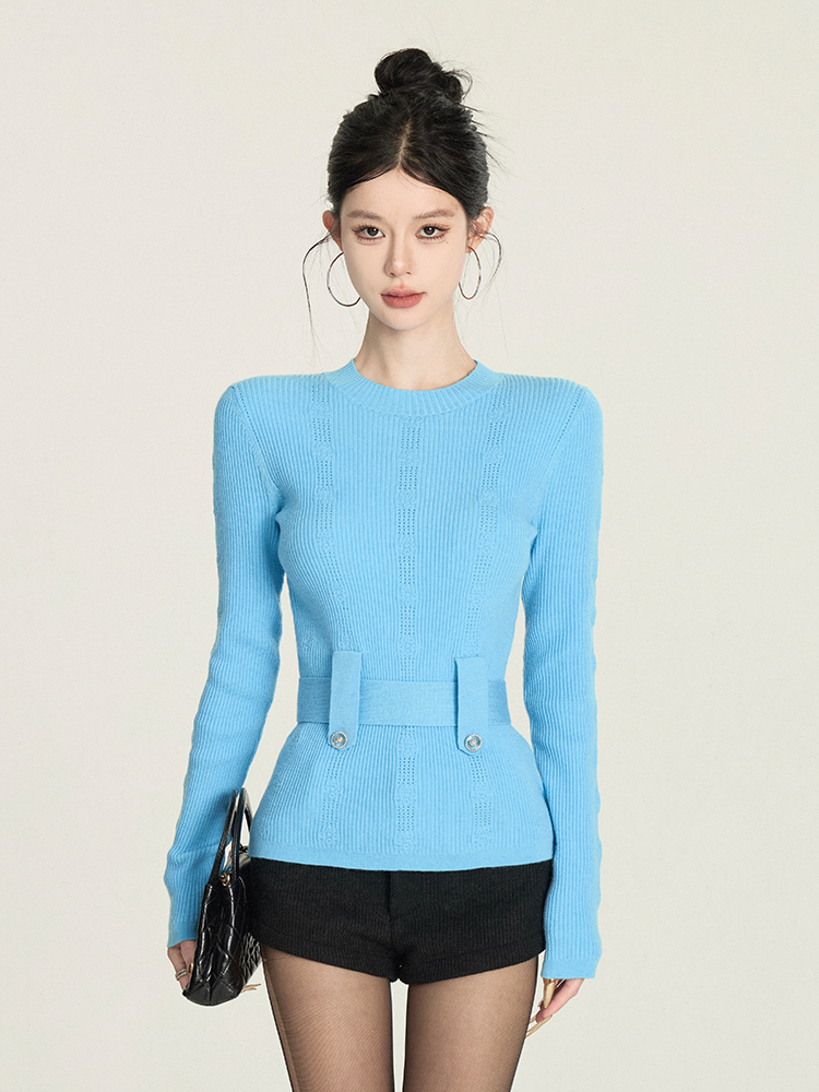 Elegant Jacquard Knitted Sweater for Women with Waist Belt - Blue/White Winter Slimming Lazy Style Top