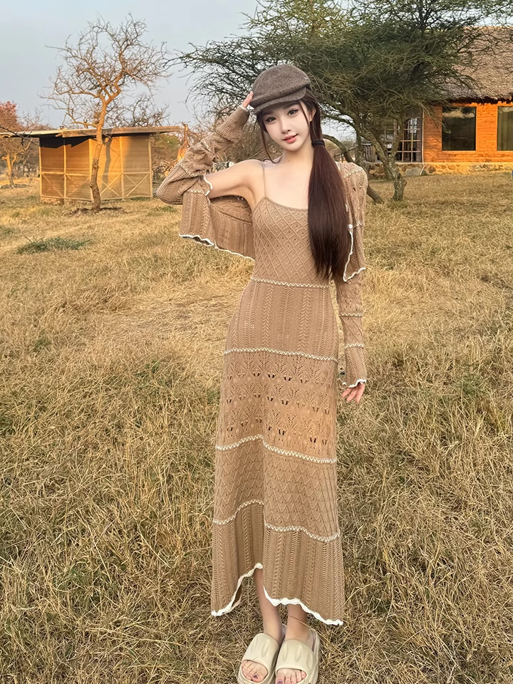 Elegant Mid-Length Designer Knitted Hollow-Out Dress for Women - Niche Caramel Color, Perfect for Special Occasions and 90s Inspired Style