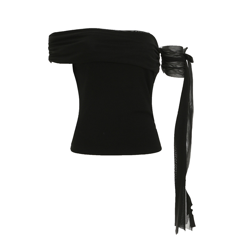 Elegant Off-Shoulder Asymmetrical Knitted Slim-Fit Top with Flowing Strap and Pleated Design - Short Sleeve Fashion T-Shirt