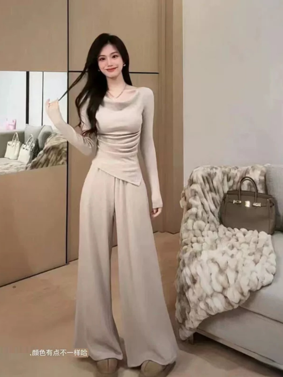 Elegant Off-Shoulder Long Sleeve Top & Wide-Leg Pants Two-Piece Set for Women - French Style Casual Autumn Winter Outfit