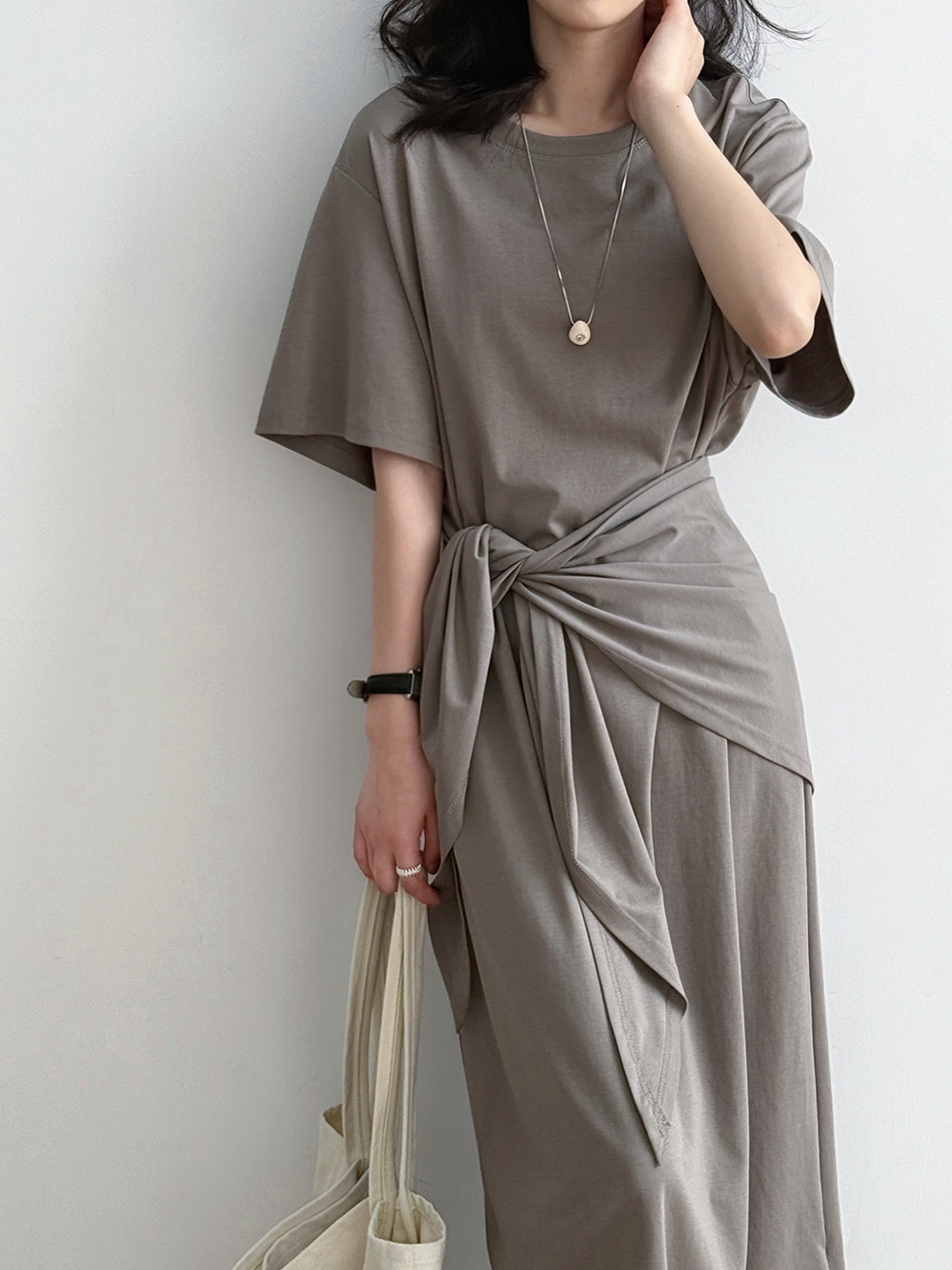 Elegant Waist-Cinching Round Neck Short Sleeve Dress with Shawl Belt - 2025 Summer Minimalist Two-in-One Loose Long Dress
