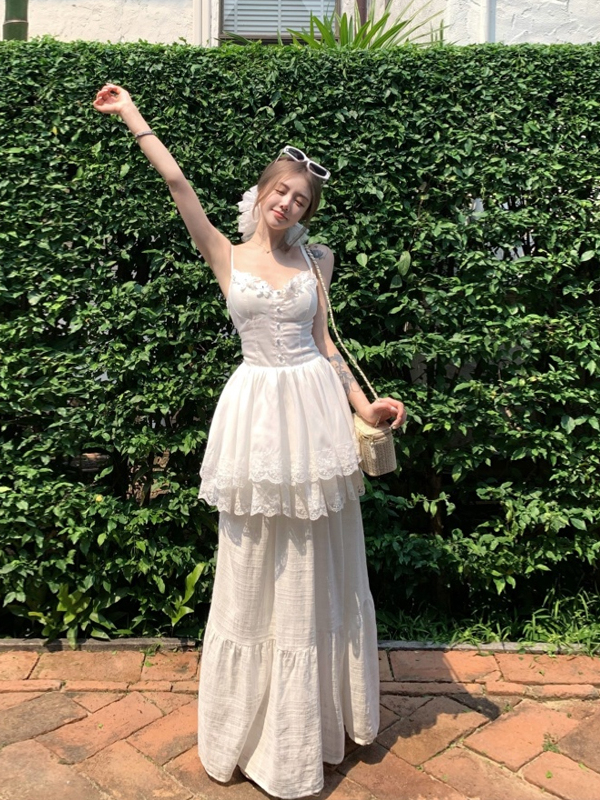 Elegant White Two-Piece Set for Summer - Sweet Style Camisole and Long Skirt Dress - Perfect for 2025 Fashion Trends