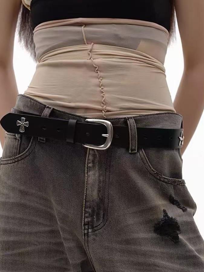 Embossed Metal Studs Cowhide Belt for Waist Decoration - Versatile Heavy Industry Style Accessory for Trendy Looks