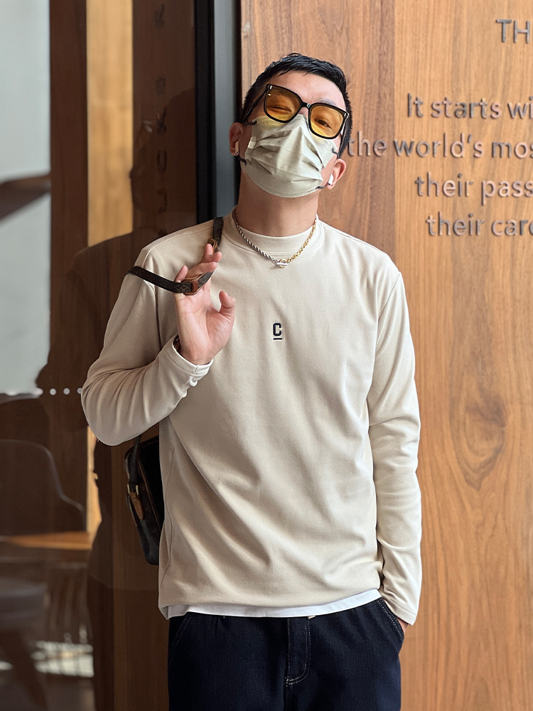 Embroidered Fleece Long-Sleeve T-Shirt for Men, Solid Color, Half-High Collar, Casual Warm Base Layer for Autumn & Winter
