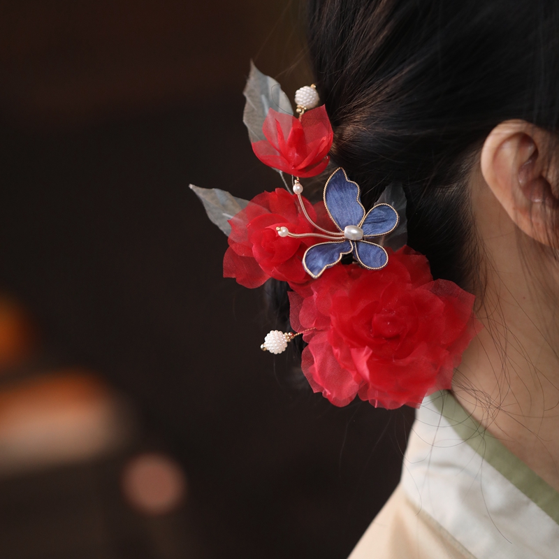 Ethereal Silk Embossed Hair Clips, Ancient Style Hair Accessories, Bride's Xiuhe Headdress, Chinese Cheongsam, Horse-Face Skirt Decor