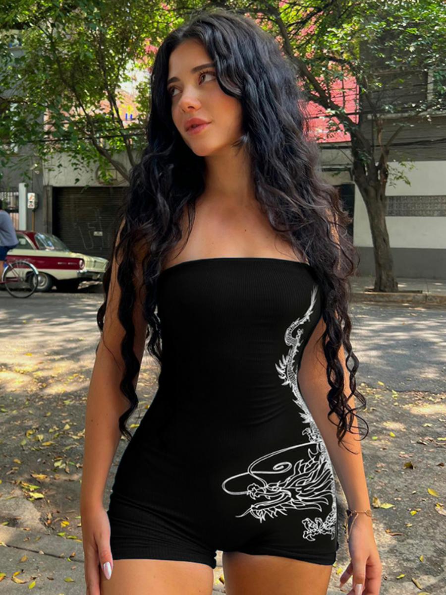 European and American Style Dragon Pattern Strapless Bodysuit - Tight-Fitting, Sleeveless Sports One-Piece Shorts for a Chic Look