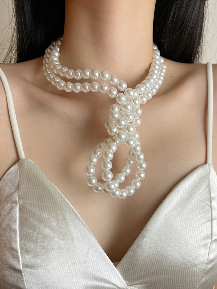 Exaggerated Double-Layer Twisted Knot Pearl Necklace for Women - 2025 Hot-Selling Collarbone Chain, European and American Style