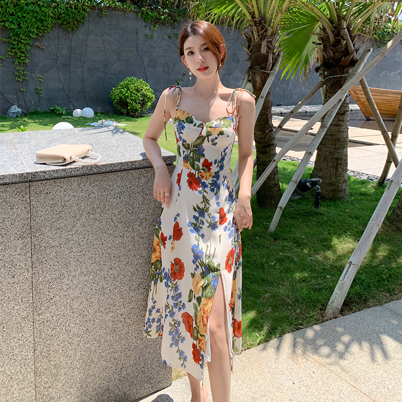 Exquisite Floral Slip Dress with Side Slit - French Style Seaside Vacation Dress for Stunning Beach Photos