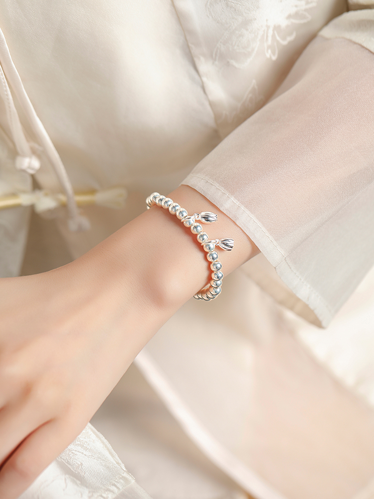 Exquisite Pure Silver Lotus Bracelet for Women - Classy Two Lives Good Luck Charm with Silver Beads